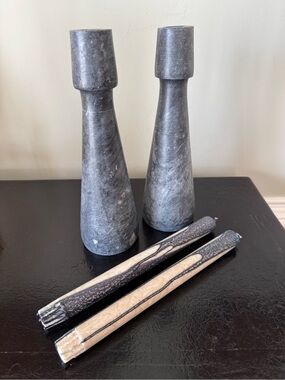 Blythe Mykonos Candle Holders in Black Marble with Fat Lava Style Taper Candles